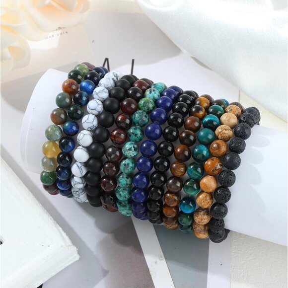 12Pcs Gemstone Beaded Stretch Bracelets Set Unisex Crystal Stone Jewelry - Picture 7 of 7